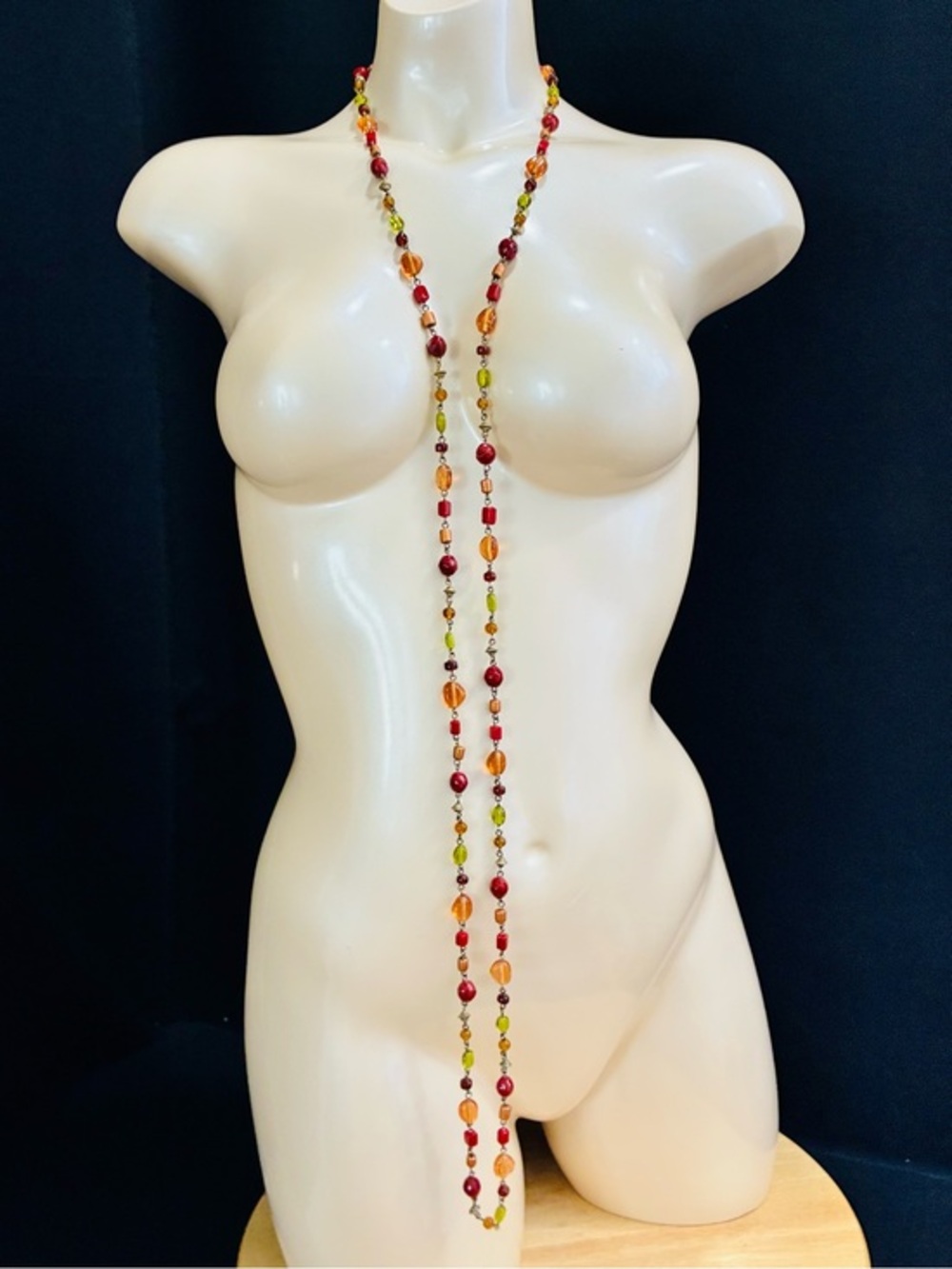 VTG Long Glass Beaded Necklace in Red, Orange and Green Easy Over The Head EUC